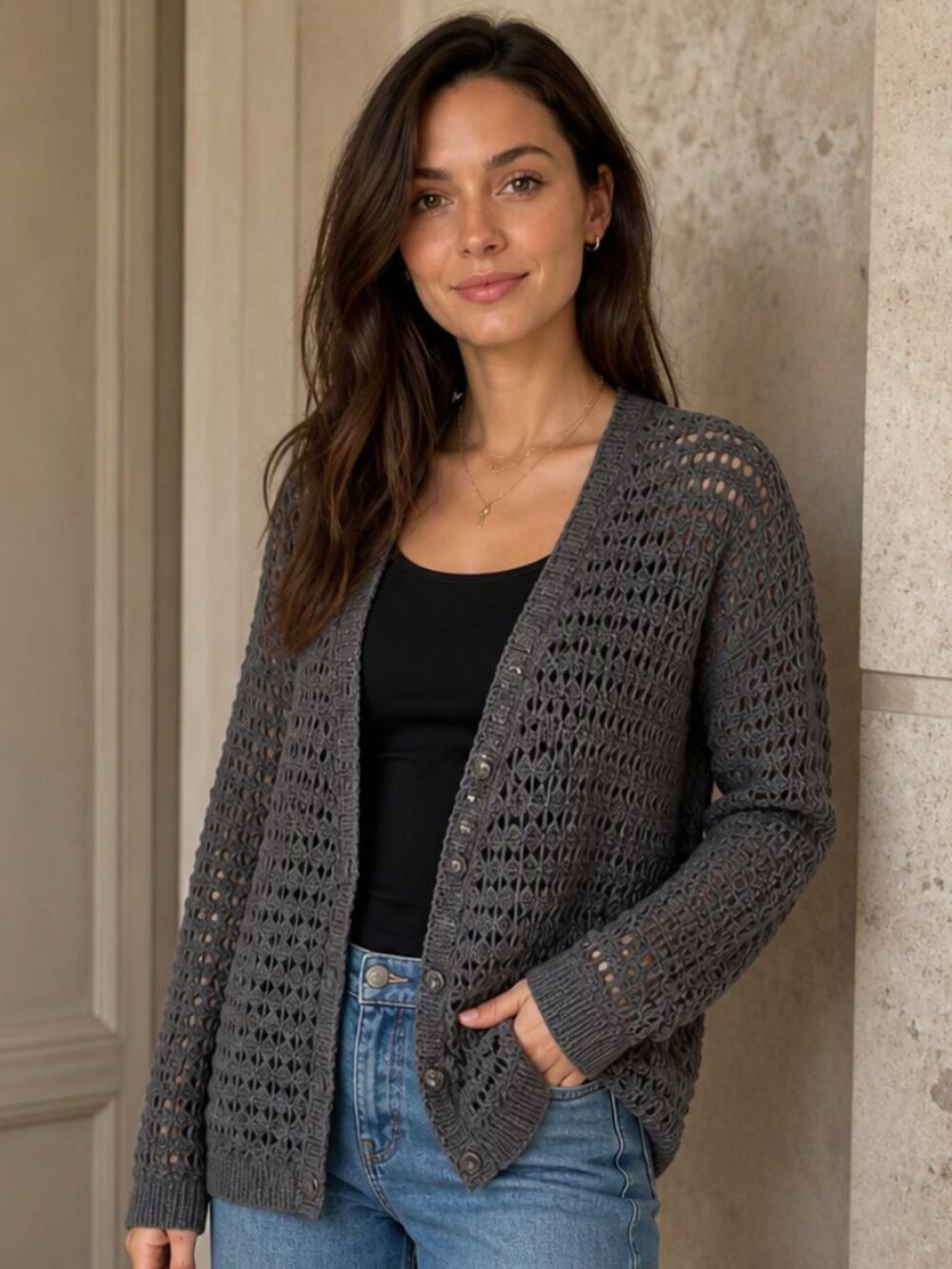 DKNY Crocheted Button-Up Cardigan Charcoal Knit Cozy Layering Essential-Size M